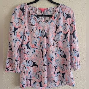 Lilly Pulitzer Bright Pink & Blue Shell Print Peasant Blouse